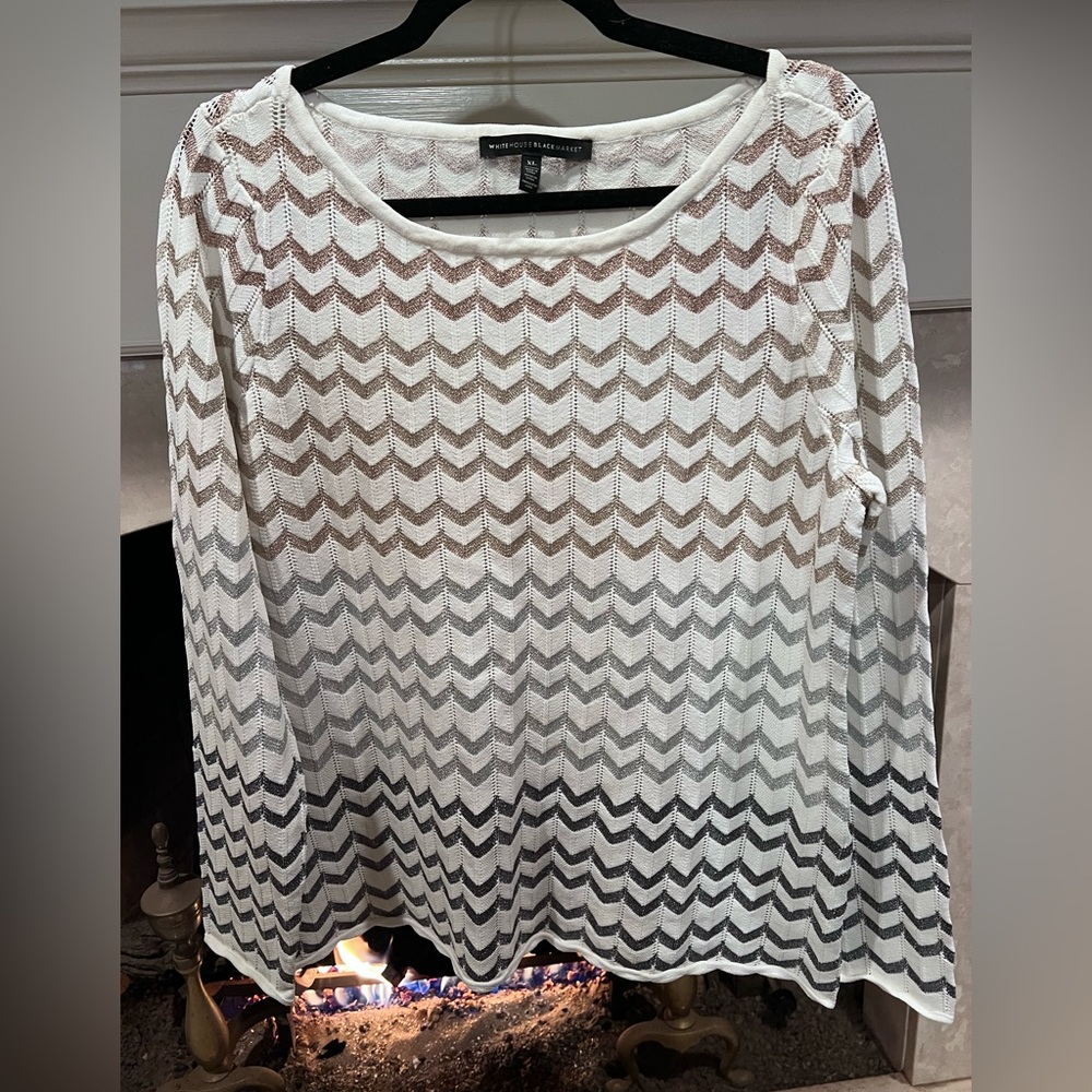 White House Black Market Chevron Open-Knit Sweater in White and gray
